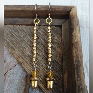 Hand Crafted Gold Acorn Dangle Earrings Beaded Handmade Glowing Sparkle Yellow